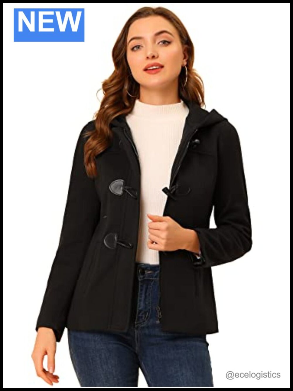 Winter Wool Peacoat Hooded Toggle Duffle Coat Long Sleeve